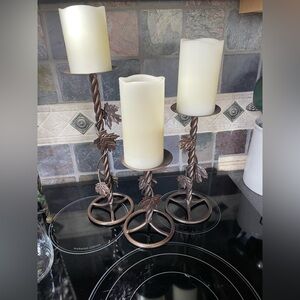 New 3 Bronze Candle Holder Set metal with leaf accents candles not included